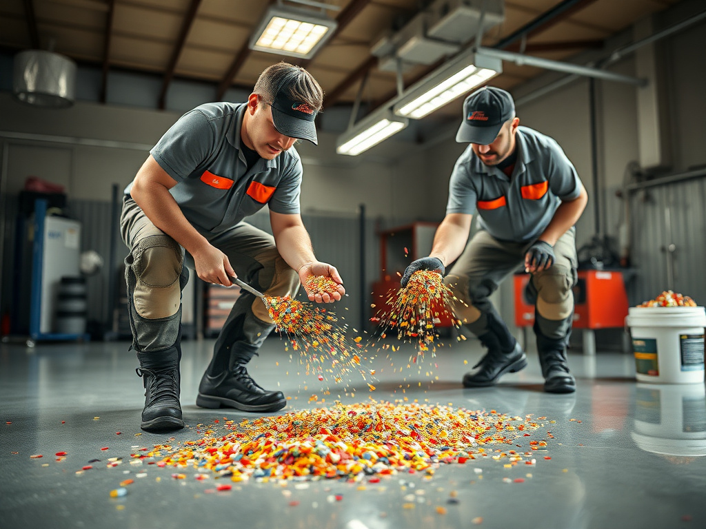 Professional installers broadcasting decorative color flakes onto a freshly coated garage floor