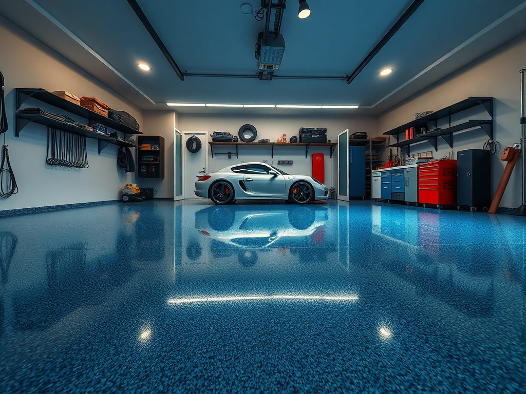 Glossy metallic blue-grey flake garage floor coating reflecting light in a modern Phoenix home